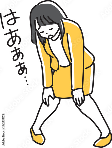 膝に手を当ててため息をつく女性