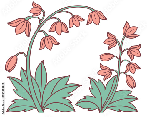 Floral illustration of coral bell flowers with green leaves and elegant botanical arrangement.