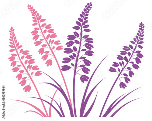 Elegant floral silhouettes in pink and purple with long stems and simple grass details. floral, flowers, silhouette, pink, purple.