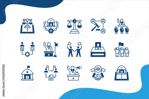 Power and Politics icon set. with Democracy, Electoral, Executive, Civil liberties, Election, Republic, Federal, Bureaucracy, Campaign, Diplomacy, Political science, Power.