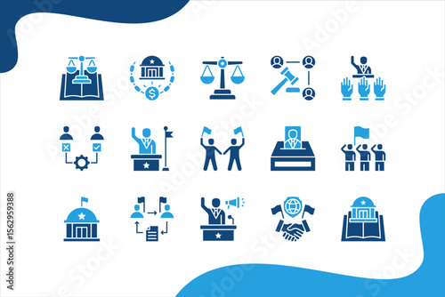 Power and Politics icon set. with Democracy, Electoral, Executive, Civil liberties, Election, Republic, Federal, Bureaucracy, Campaign, Diplomacy, Political science, Power.