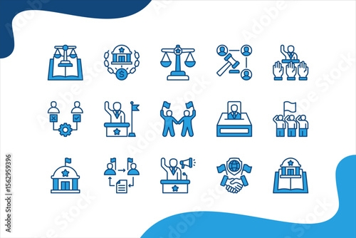 Power and Politics icon set. with Democracy, Electoral, Executive, Civil liberties, Election, Republic, Federal, Bureaucracy, Campaign, Diplomacy, Political science, Power.