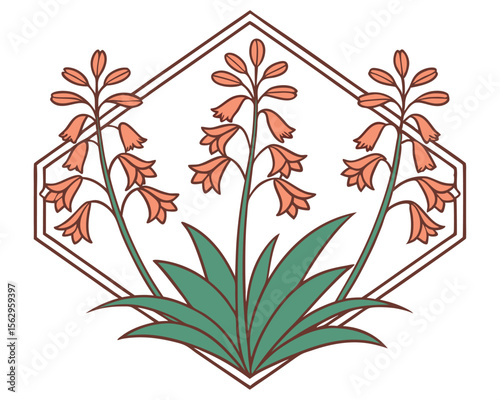 Elegant floral design featuring three stylized flowers framed within a decorative geometric border. pattern, leaf, flower, floral, vector, seamless.
