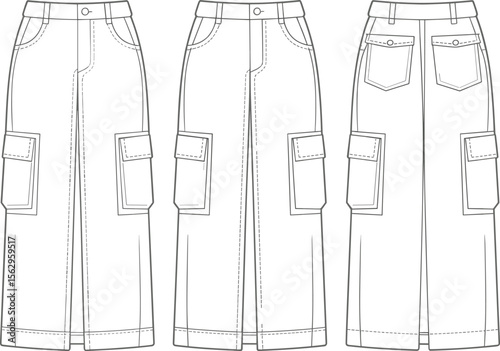 Women's Midi Length Cargo Skirt Technical Flat Sketch, Front and Back Views, Fashion Apparel Template, Utility Style Design, Modern Casual Wear, Outline for Digital Art.