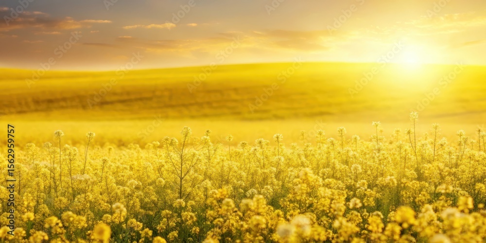 Fototapeta premium Golden Hour in a Field of Blooming Yellow Flowers, Bathed in Warm Sunlight