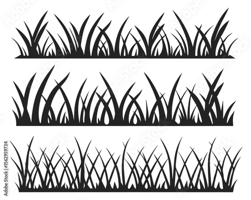 Three different vector silhouettes of grass blades in a monochrome black and white style.