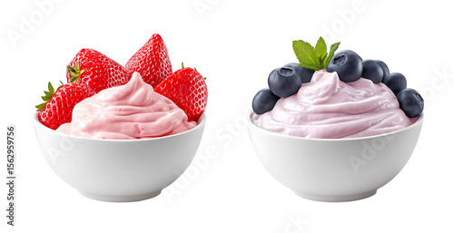 Two bowls of strawberry and blueberry yogurt with fruits topping on top isolated on a transparent background