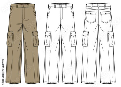 Women's Wide Leg Cargo Pants Technical Flat Sketch, Front and Back Views, Fashion Apparel Template, Utility Style Trousers, Modern Casual Wear, Detailed Outline for Digital Art.