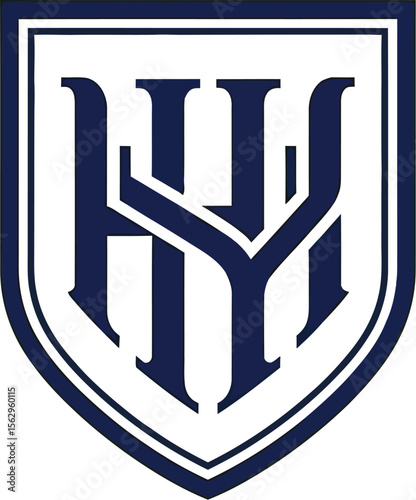 A shield with the letters h and y intertwined in a stylized blue design
