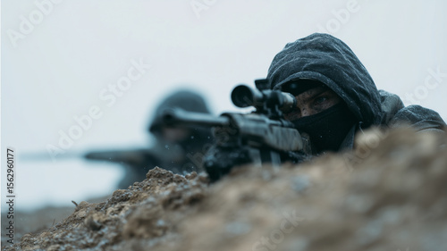 Sniper team in camouflage clothing aiming rifles in cold, muddy battlefield, focused and intense expression