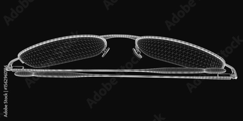 Wireframe 3D glasses model with a sleek, realistic design, featuring thin frames and transparent lenses, isolated on a dark background. The detailed mesh structure highlights the modern aesthetic