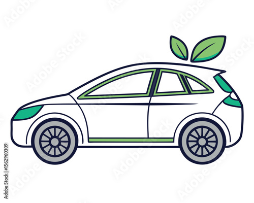 Eco-friendly electric car with green leaf logo symbolizing sustainability and clean energy.