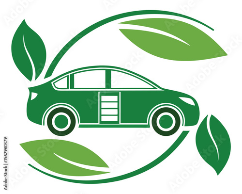 Green electric vehicle symbol surrounded by leaves illustrating eco-friendly transportation.