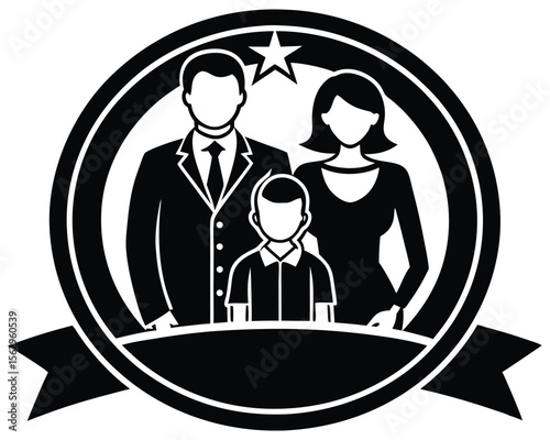 Family portrait illustration featuring father mother and son within a circular emblem design.