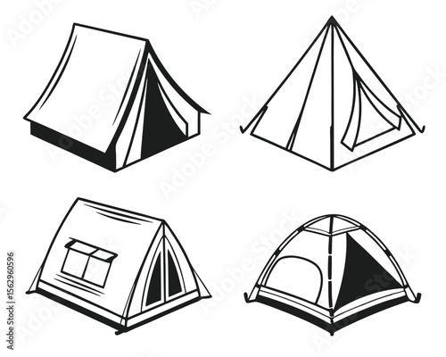 Vector illustration of four different camping tents perfect for outdoor activities and adventures.