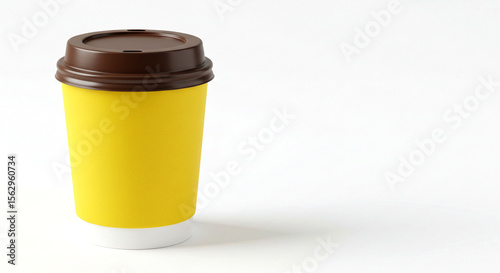 Bright yellow disposable coffee cup with a contrasting brown lid resting against a white background