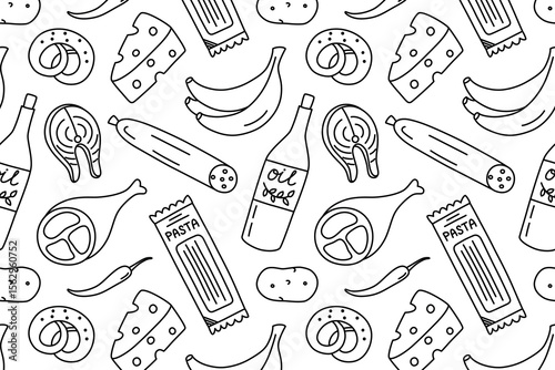 Black and white flat cartoon vector pattern of groceries with food items from supermarket. Outline style illustration for packaging, kitchen textiles, menu backgrounds, wrapping paper, food design