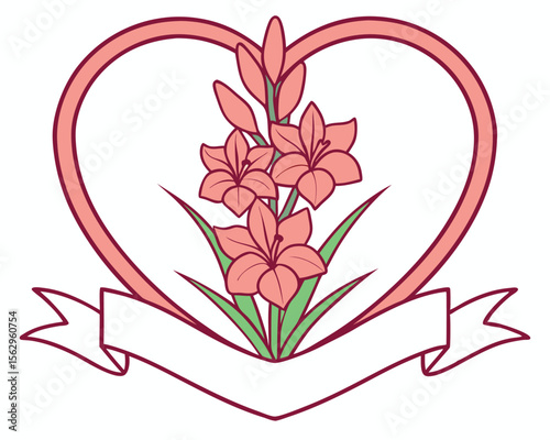 Beautiful pink flowers inside a heart shape with blank banner for text or message.
