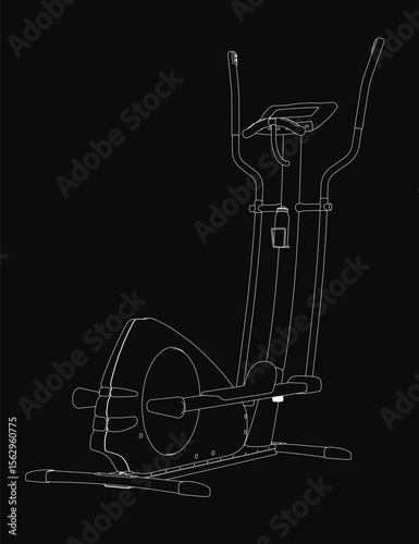 Black and white drawing of an elliptical trainer with sleek, modern design and detailed features. The machine stands out against a stark black background, emphasizing its clean lines and dynamic form.
