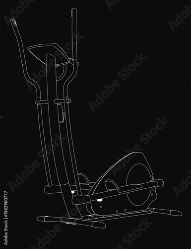 A sleek black and white elliptical trainer stands out against a dark background, featuring detailed handles, pedals, and a modern display panel. The minimalist design highlights smooth curves