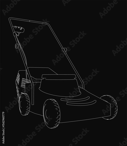 A black and white drawing of a lawn mower stands out against a dark background, outlined in crisp white for bold contrast. The minimalist design highlights the mower's shape and details