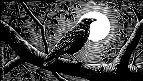 raven perched on a tree branch under the moonlight, great for gothic art, horror fiction or moody branding a black and white line art illustration