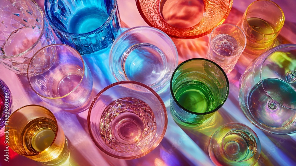 Overhead view of crystal glassware creating gradient neon reflections and colorful translucent Overhead view of crystal glassware creating gradient neon reflections and colorful translucent