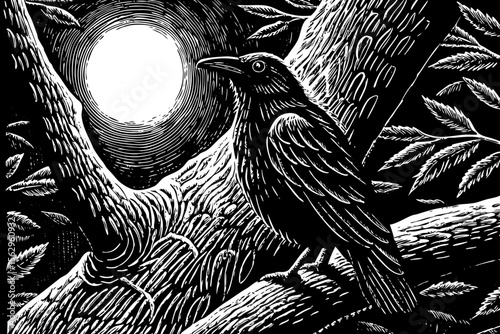 raven perched on a tree branch under the moonlight, great for gothic art, horror fiction or moody branding a black and white line art illustration