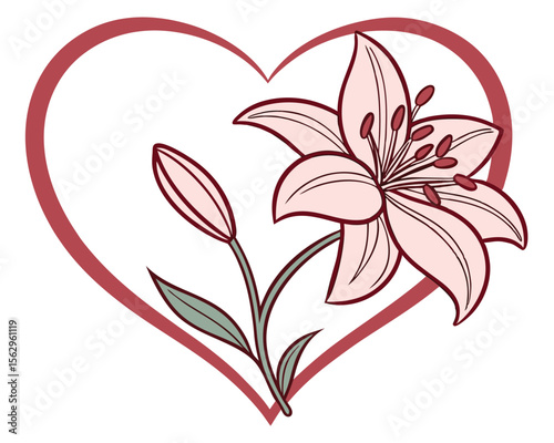 Romantic lily flower artwork within a heart shaped frame ideal for valentine's day and romance.