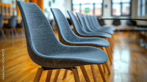 Gray chairs lined, wood floor, modern