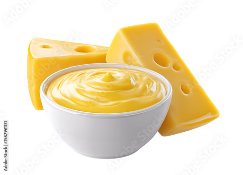 Delicious cheese sauce in a white bowl on transparent background