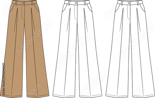 Women's Pleated Wide Leg Trousers Technical Flat Sketch, Front Views, Fashion Apparel Template, High Waisted Design, Classic Style, Outline for Digital Art.