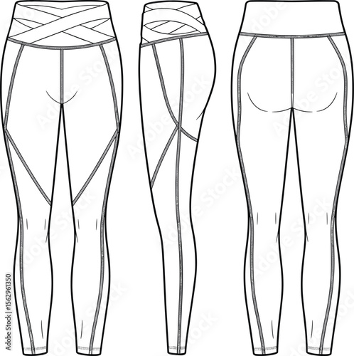 Women's High Waisted Leggings Technical Flat Sketch, Front, Side, and Back Views, Activewear Apparel Template, Fitness Workout Bottoms, Sportswear Design, Outline for Digital Art.