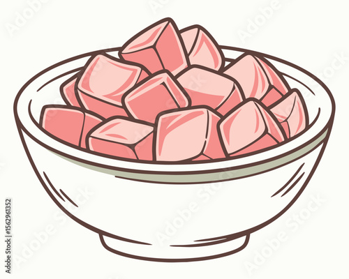 A white bowl filled with freshly cut raw salmon cubes ready for culinary use.