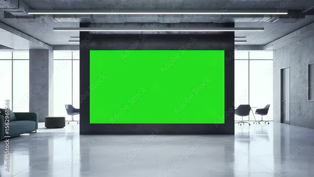 Modern Office Lounge with Green Screen Display