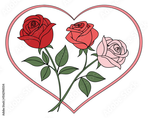 Three roses in heart shape vector illustration suitable for valentine's day and romantic concepts. roses, rose, flowers, floral, heart, love, romantic.