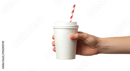 Hand holding a plain white disposable cup with a red and white striped straw isolated on white