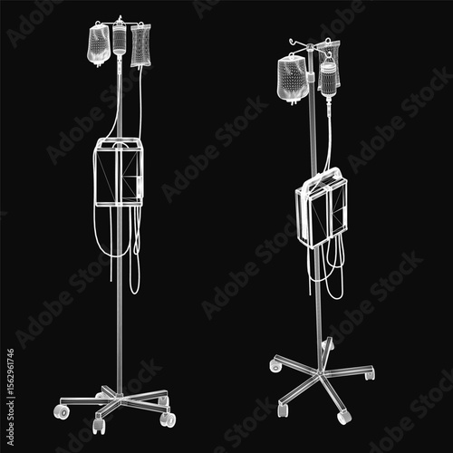 A black and white drawing of a medical saline rack with two dropper bottles attached, isolated on a dark background. The stand features clean lines and a simple design, emphasizing functionality.