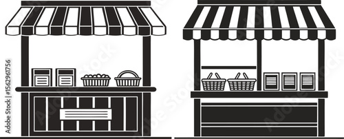 Vector illustration of a black and white stall selling goods in a market setting.