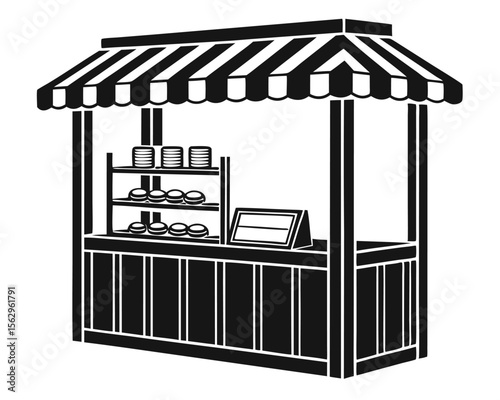Illustration of a simple food stall or market stand in black and white silhouette design.