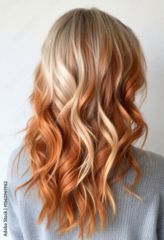 Naklejka premium Stunning Copper Blonde Balayage Hair Long Wavy Hairstyle Back View