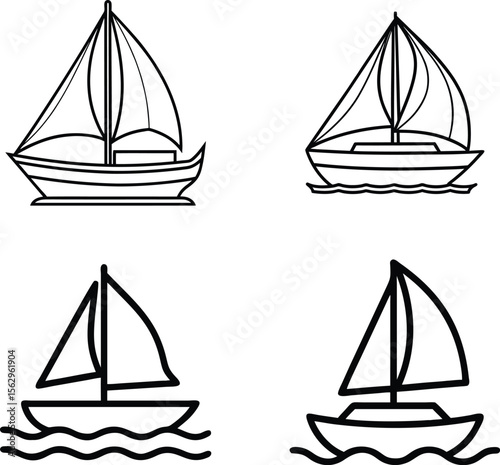 Set of sailing ships and boats vector illustration on the sea with sails and waves