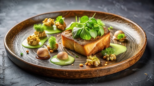 Gourmet culinary artistry showcases a meticulously plated dish featuring a savory bread component, vibrant green sauces, and assorted edible garnishes arranged on a dark wooden plate.