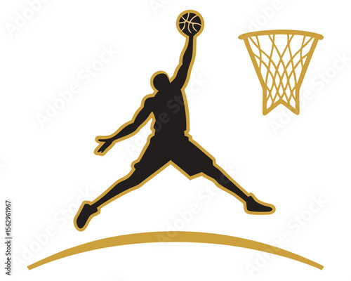 Silhouette of a basketball player performing a slam dunk with a golden net.