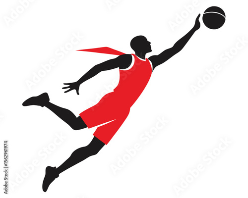 Dynamic illustration of a basketball player silhouetted in red and black reaching for the ball.