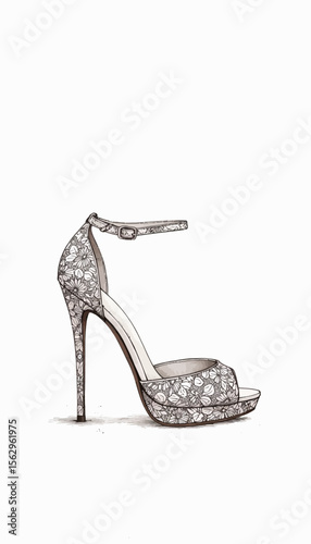 Elegant high heel shoe with lace detailing in sketch style  