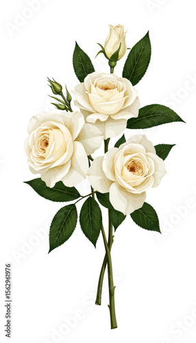 White roses with green leaves arranged in a decorative bouquet  
