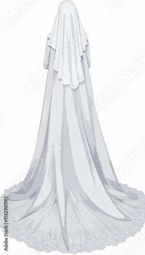 White wedding dress with lace detailing and long train from behind  