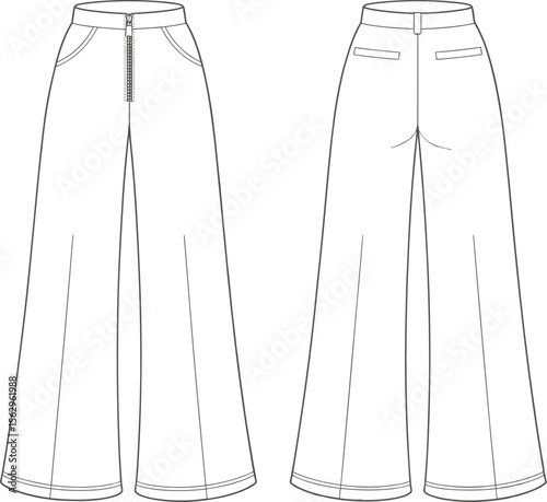 Women's High Waisted Wide Leg Pants Technical Flat Sketch, Front and Back Views, Fashion Apparel Template, Trousers Design, Modern Casual Wear, Outline for Digital Art.