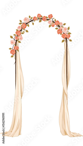 Floral wedding arch with cream drapes and peach blossoms  